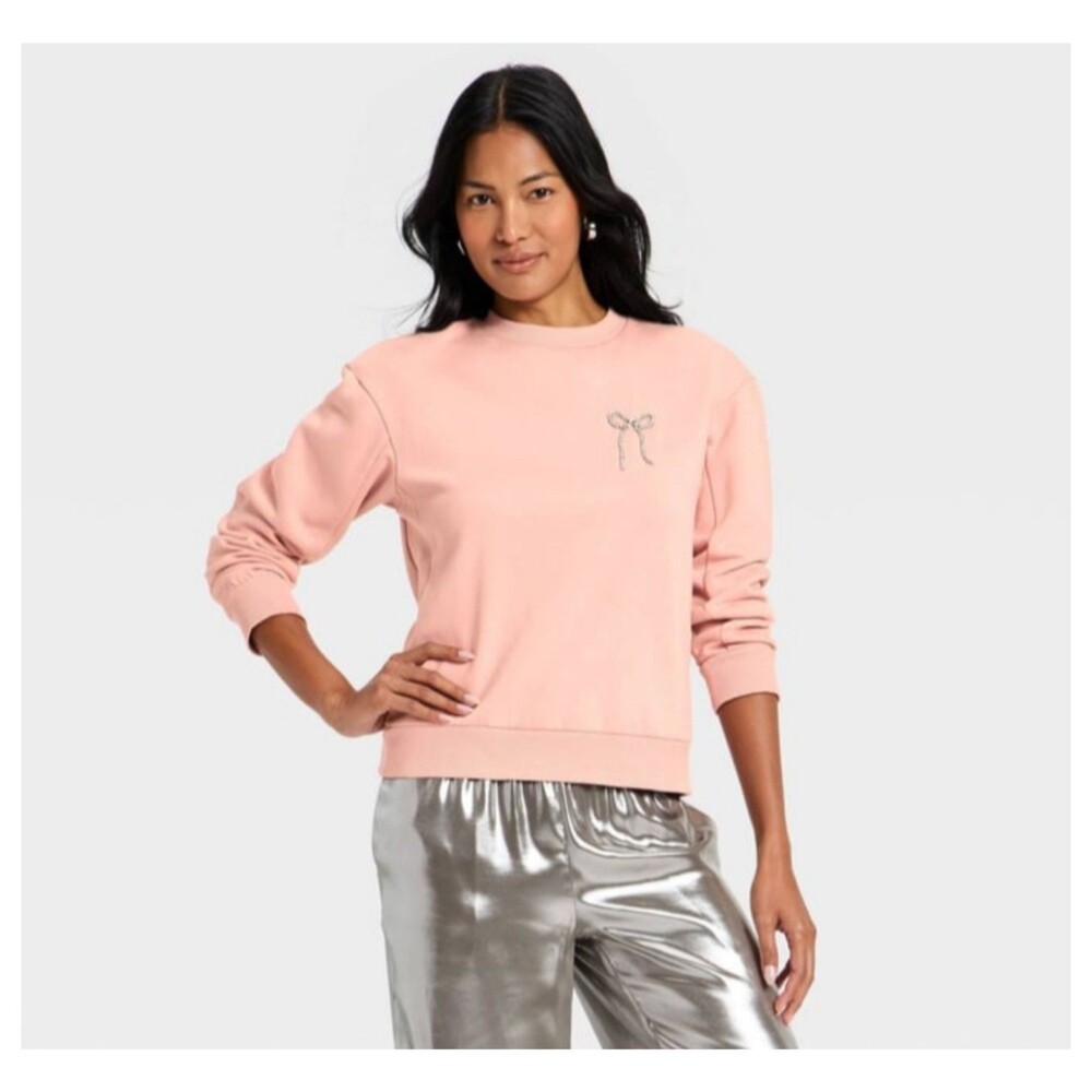 Women's A New Day Embellished Round Neck Sweatshirt Pink Small